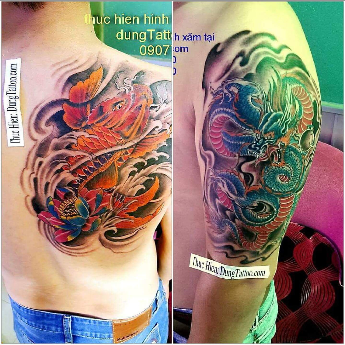 Hình xăm cá chép và rồng cánh tay dành cho nam -thực hiện tại dũng 0907775670